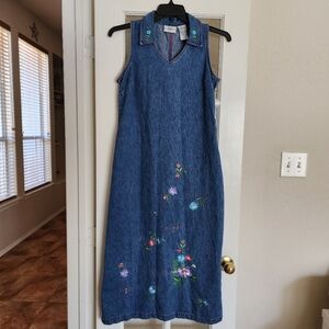 Vintage Studio Ease Petite Denim Dress Floral Embroidered 10P Cottagecore Y2K